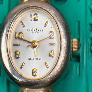 LA Express LAX1350 Womens Oval Quartz Watch Silver Gold Tone Rhinestone Bracelet